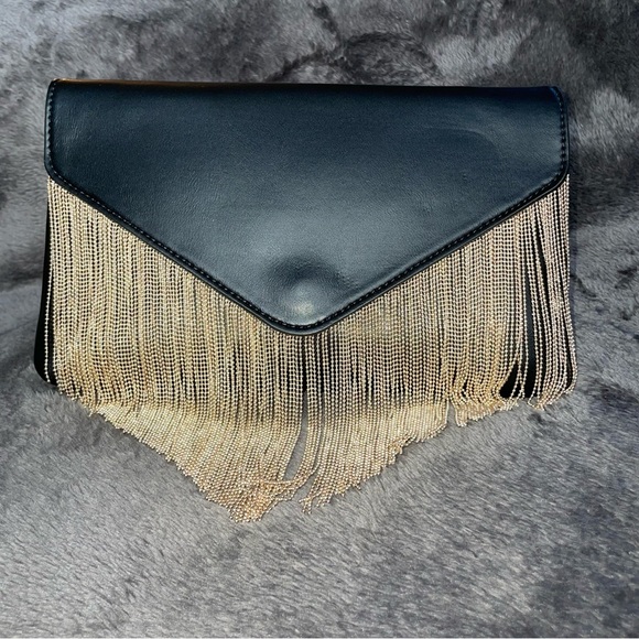 Express Gold Fringe Faux Leather Clutch Bag - Picture 2 of 12